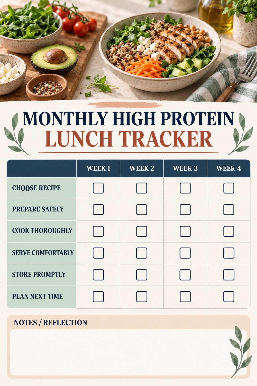Monthly High Protein Lunch printable-style tracker graphic with six labeled rows, empty checkboxes, and a reflection area.