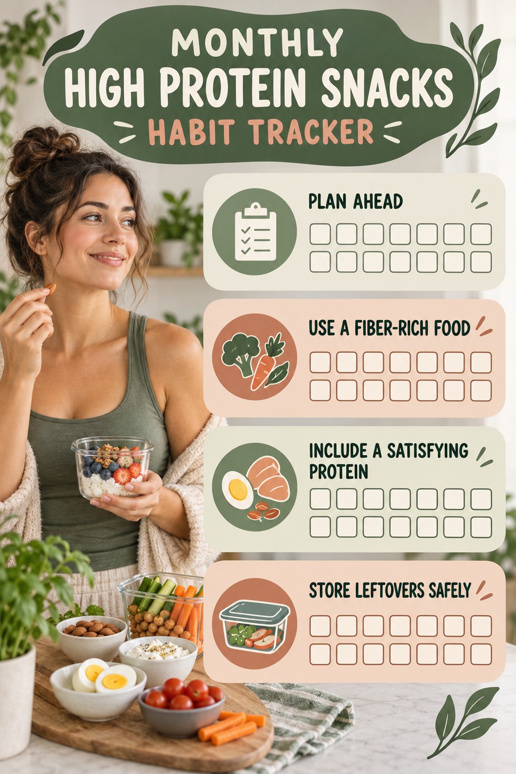 Monthly High Protein Snacks Habit Tracker infographic with checkboxes for plan ahead, use a fiber-rich food, include a satisfying protein, store leftovers safely.
