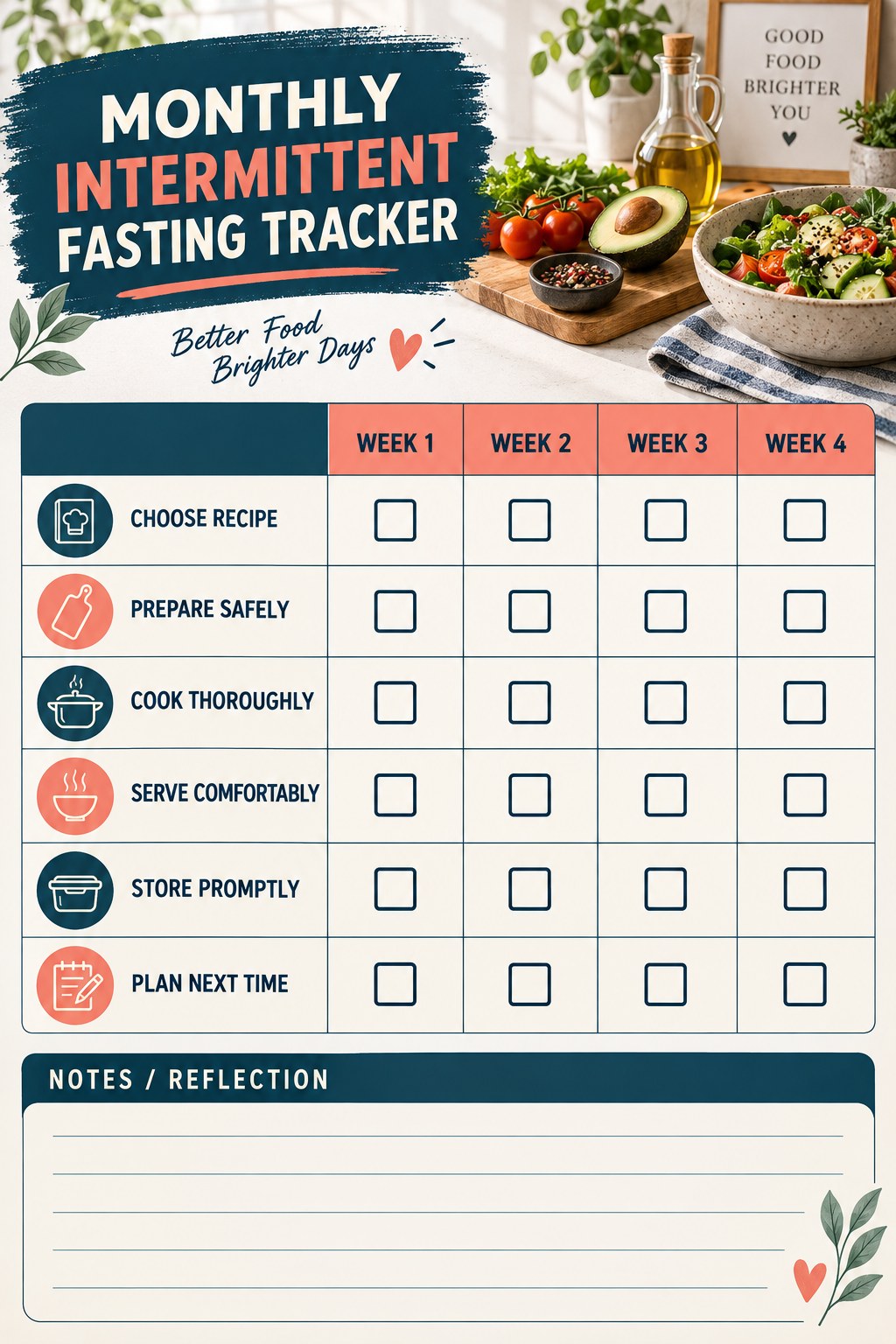 Monthly Intermittent Fasting printable-style tracker graphic with six labeled rows, empty checkboxes, and a reflection area.