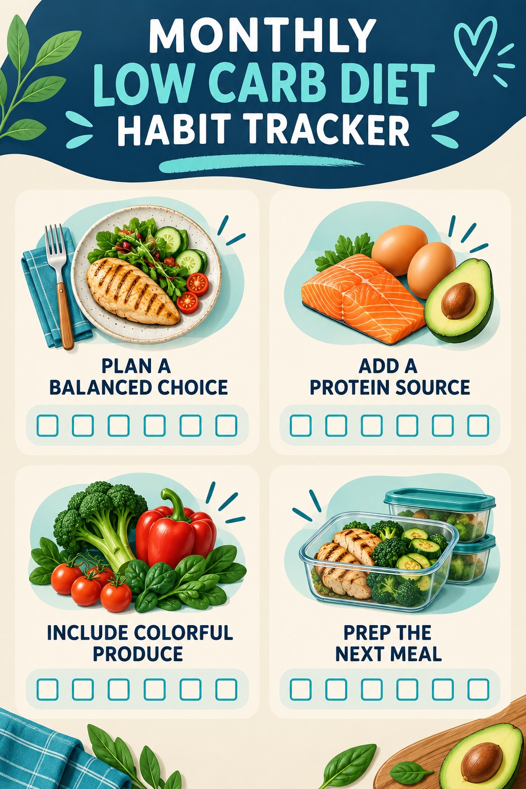 Monthly Low Carb Diet Habit Tracker infographic with checkboxes for plan a balanced choice, add a protein source, include colorful produce, prep the next meal.