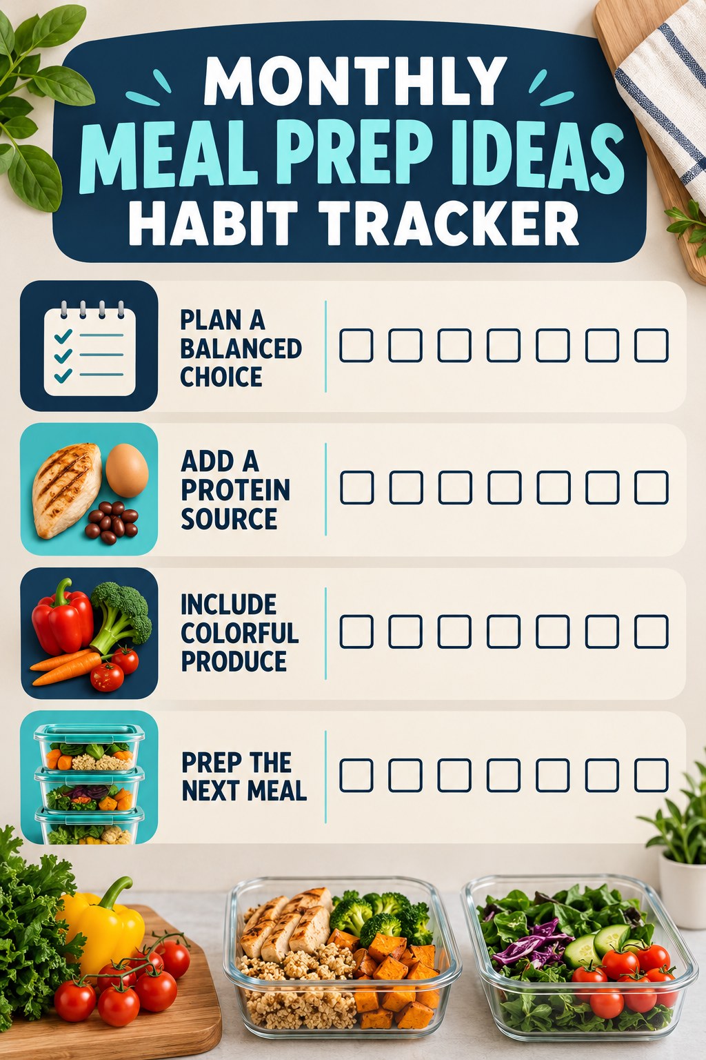 Monthly Meal Prep Ideas Habit Tracker infographic with checkboxes for plan a balanced choice, add a protein source, include colorful produce, prep the next meal.