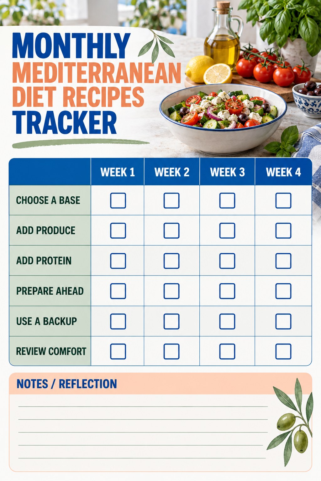 Monthly Mediterranean Diet Recipes printable-style tracker graphic with six labeled rows, empty checkboxes, and a reflection area.