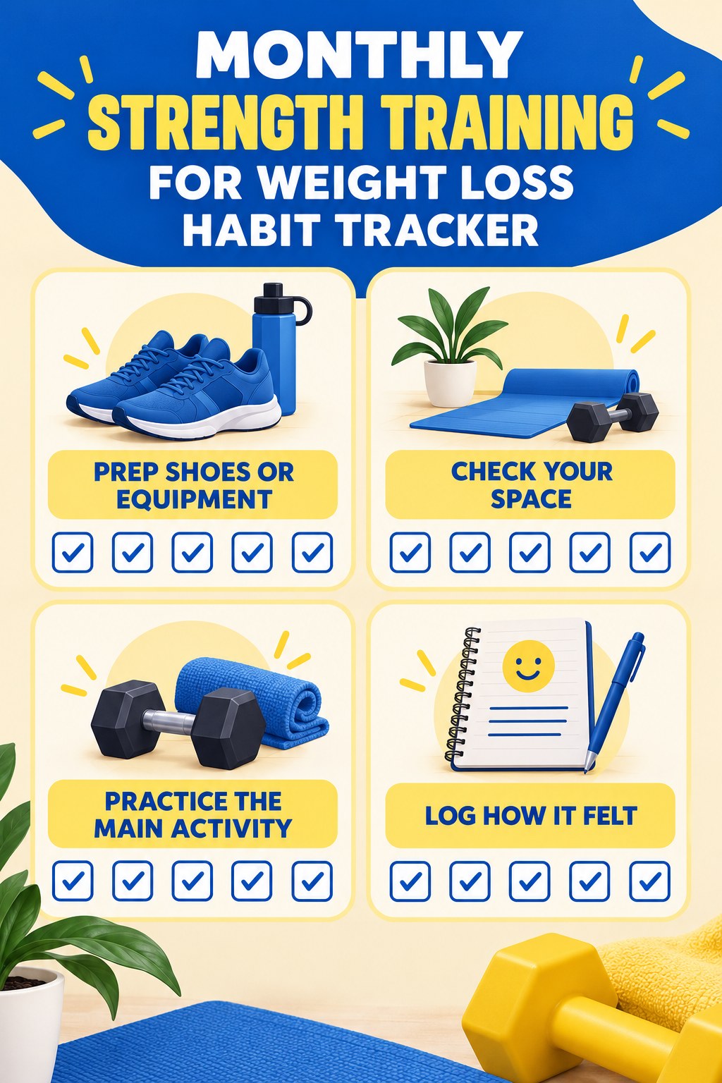 Monthly Strength Training for Weight Loss Habit Tracker infographic with checkboxes for prep shoes or equipment, check your space, practice the main activity, log how it felt.