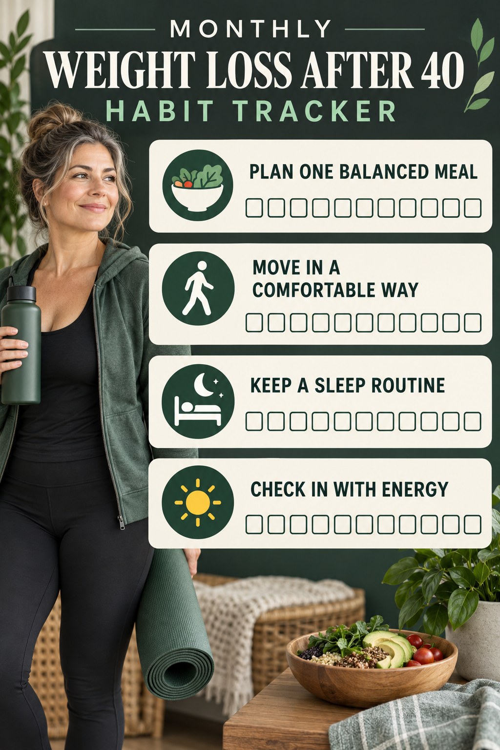 Monthly Weight Loss After 40 Habit Tracker infographic with checkboxes for plan one balanced meal, move in a comfortable way, keep a sleep routine, check in with energy.