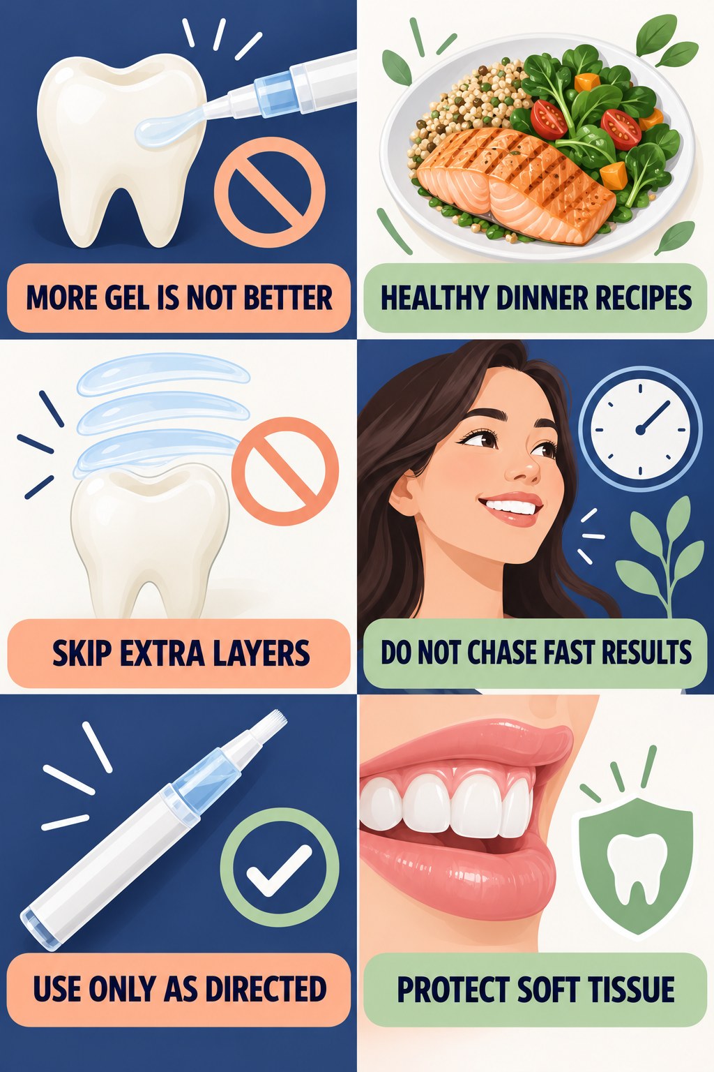 More Gel Is Not Better infographic for Healthy Dinner Recipes with four concise whitening-gel-pen safety points.