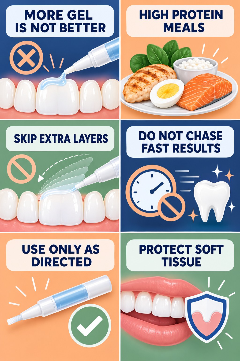 More Gel Is Not Better infographic for High Protein Meals with four concise whitening-gel-pen safety points.