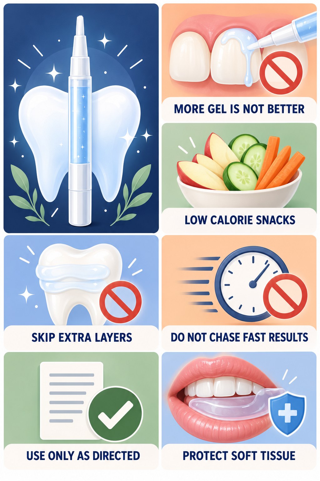 More Gel Is Not Better infographic for Low Calorie Snacks with four concise whitening-gel-pen safety points.