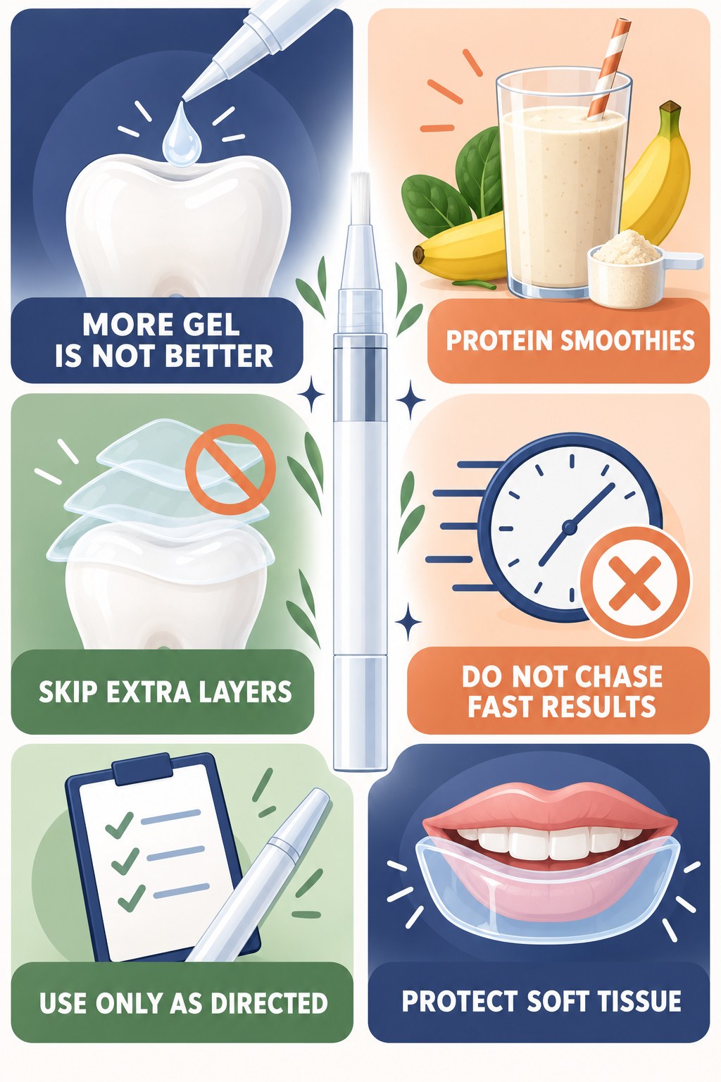 More Gel Is Not Better infographic for Protein Smoothies with four concise whitening-gel-pen safety points.