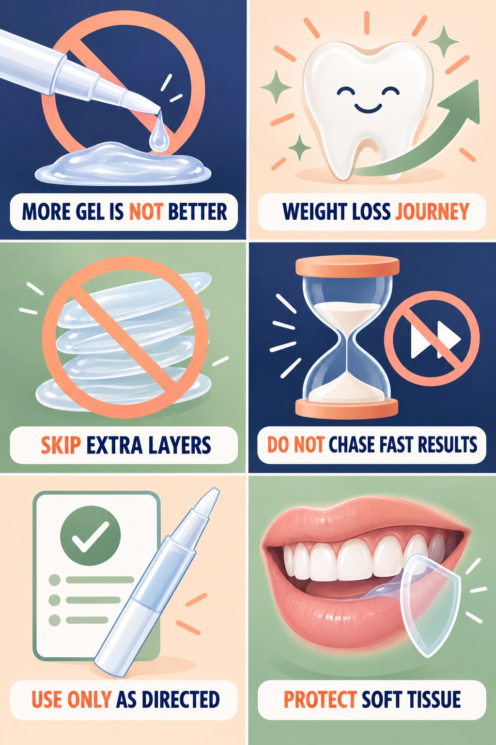 More Gel Is Not Better infographic for Weight Loss Journey with four concise whitening-gel-pen safety points.