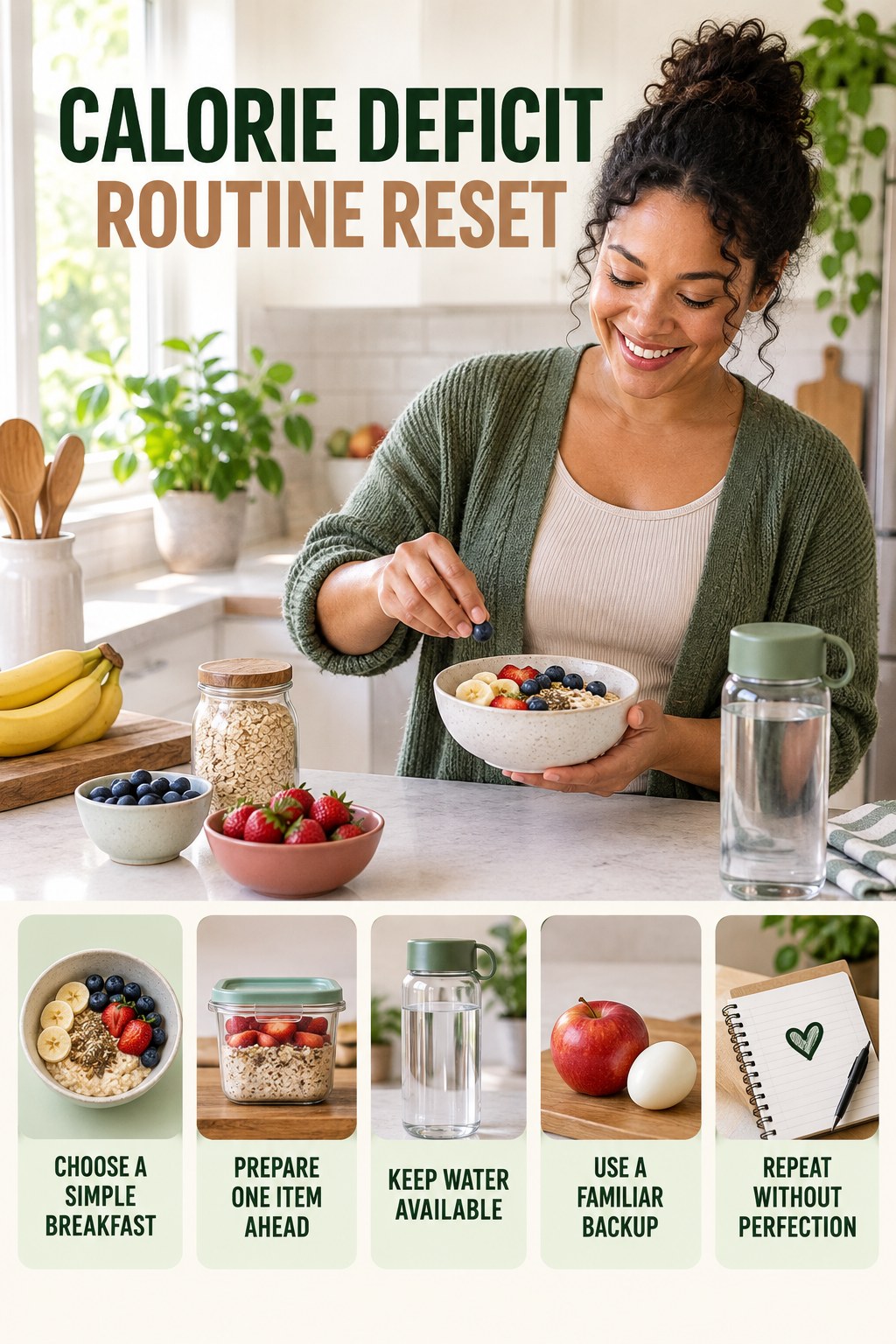 Morning Meal Routine Refresh for Calorie Deficit with five readable routine-reset cues and a realistic board-relevant wellness scene.