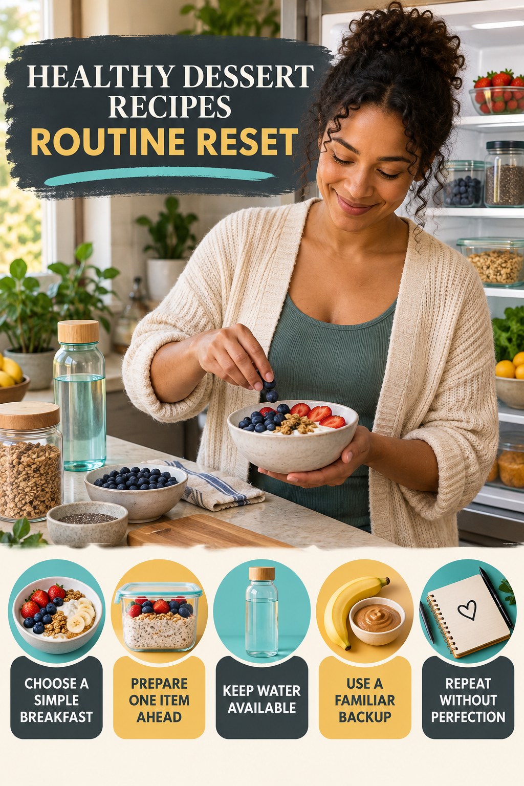 Morning Meal Routine Refresh for Healthy Dessert Recipes with five readable routine-reset cues and a realistic board-relevant wellness scene.