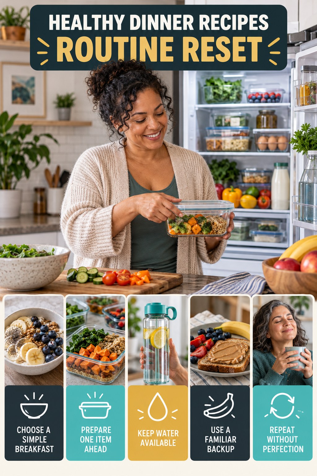 Morning Meal Routine Refresh for Healthy Dinner Recipes with five readable routine-reset cues and a realistic board-relevant wellness scene.