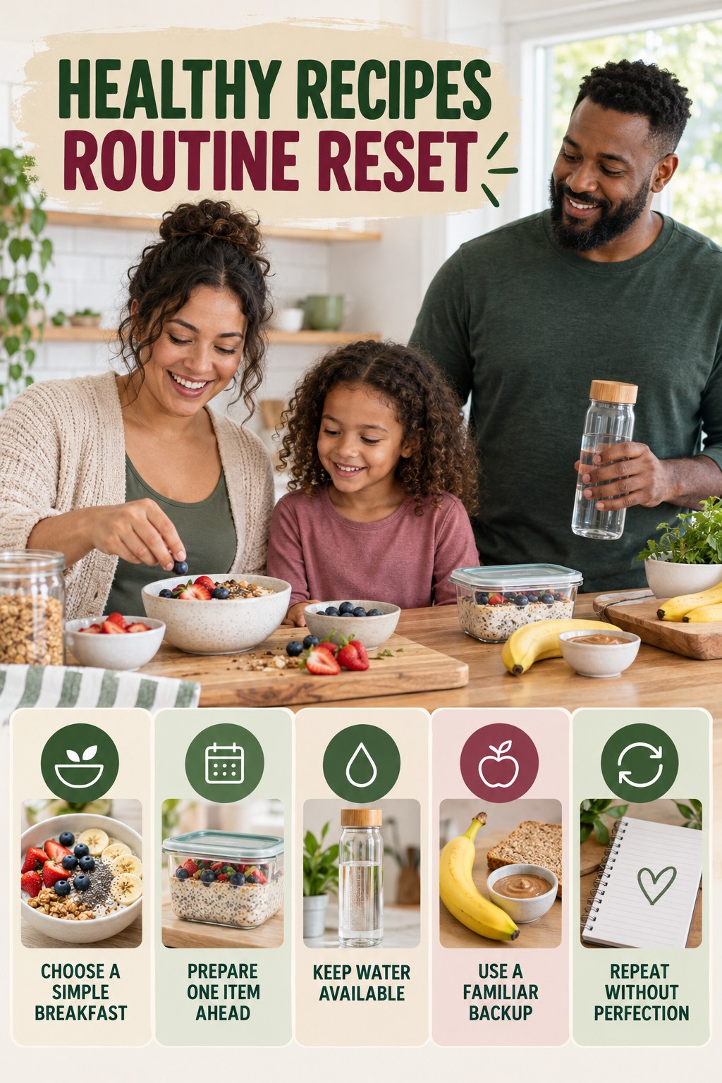 Morning Meal Routine Refresh for Healthy Recipes with five readable routine-reset cues and a realistic board-relevant wellness scene.