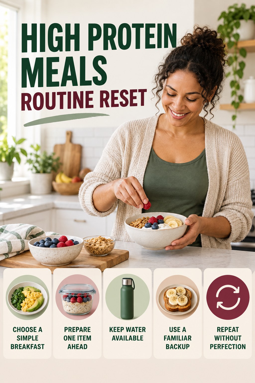 Morning Meal Routine Refresh for High Protein Meals with five readable routine-reset cues and a realistic board-relevant wellness scene.