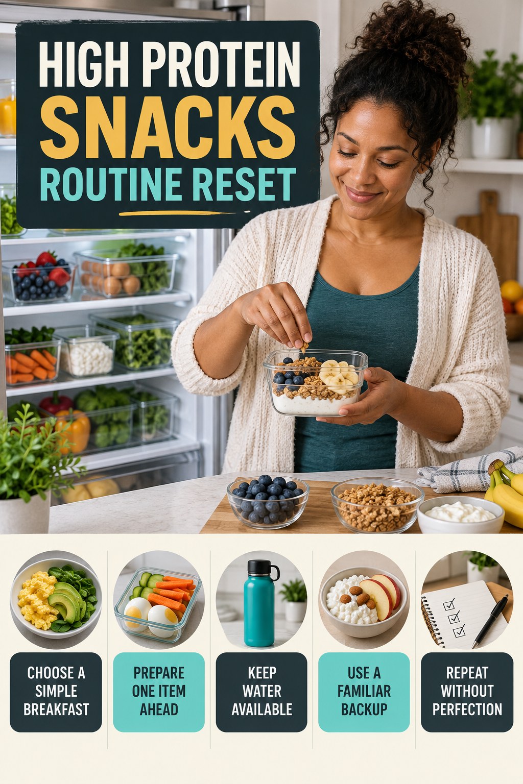 Morning Meal Routine Refresh for High Protein Snacks with five readable routine-reset cues and a realistic board-relevant wellness scene.