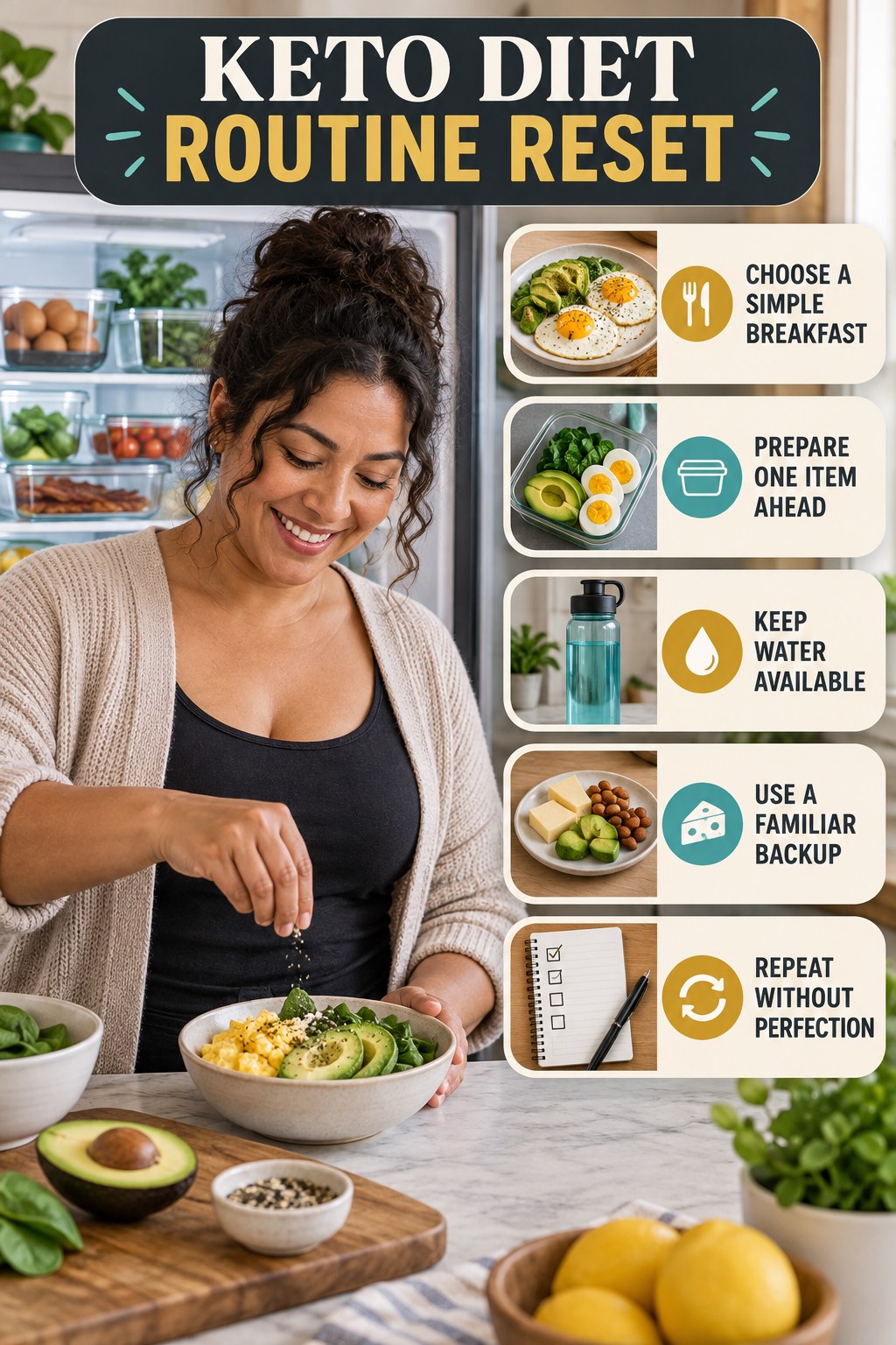 Morning Meal Routine Refresh for Keto Diet with five readable routine-reset cues and a realistic board-relevant wellness scene.