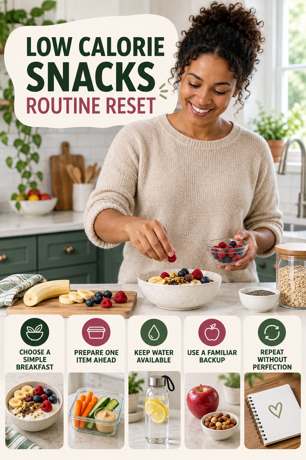 Morning Meal Routine Refresh for Low Calorie Snacks with five readable routine-reset cues and a realistic board-relevant wellness scene.