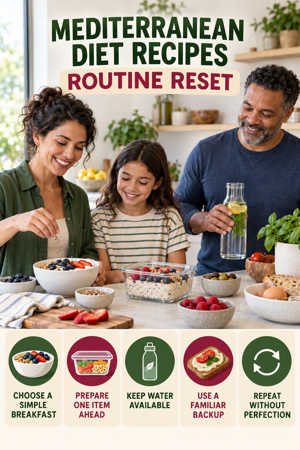 Morning Meal Routine Refresh for Mediterranean Diet Recipes with five readable routine-reset cues and a realistic board-relevant wellness scene.