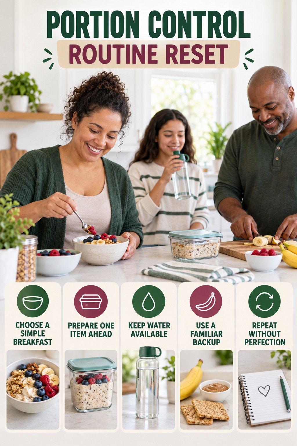 Morning Meal Routine Refresh for Portion Control with five readable routine-reset cues and a realistic board-relevant wellness scene.