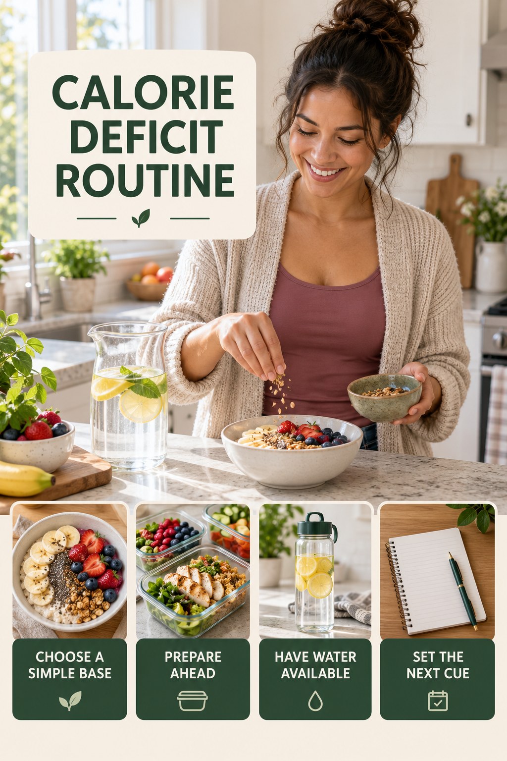 Morning Meal Wellness Routine for Calorie Deficit with four readable routine cues and a realistic board-relevant wellness scene.