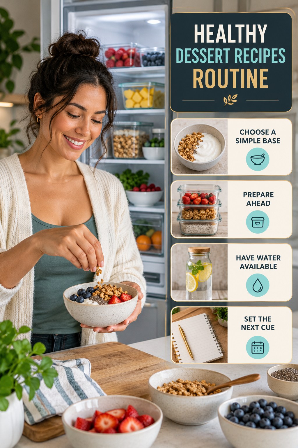 Morning Meal Wellness Routine for Healthy Dessert Recipes with four readable routine cues and a realistic board-relevant wellness scene.