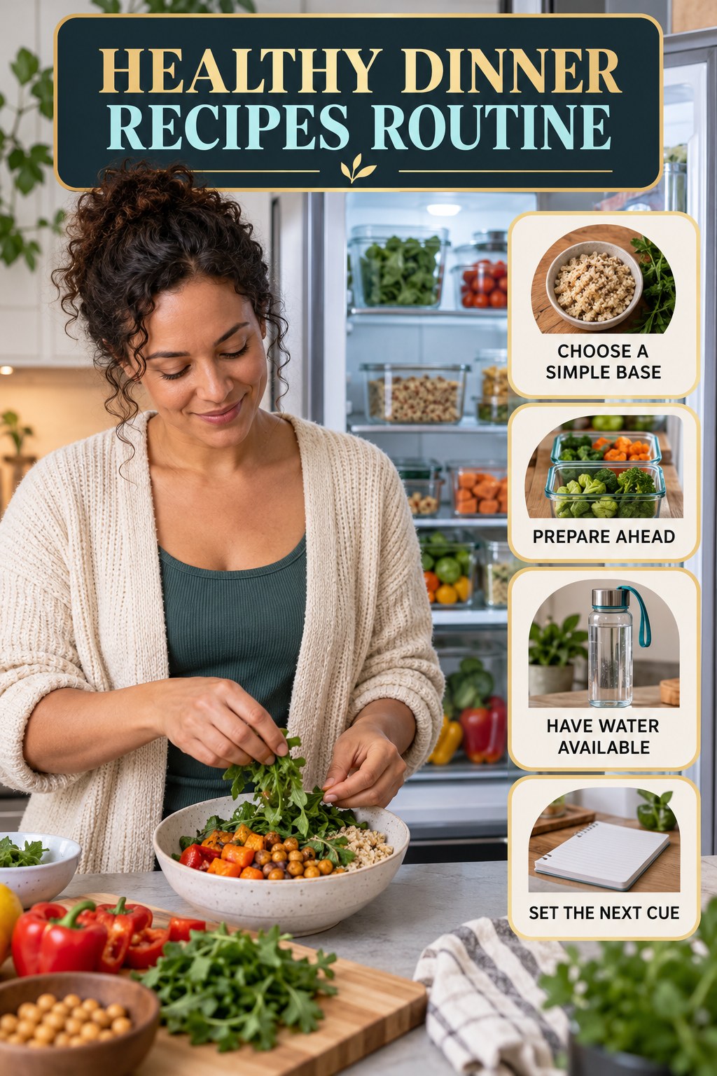 Morning Meal Wellness Routine for Healthy Dinner Recipes with four readable routine cues and a realistic board-relevant wellness scene.