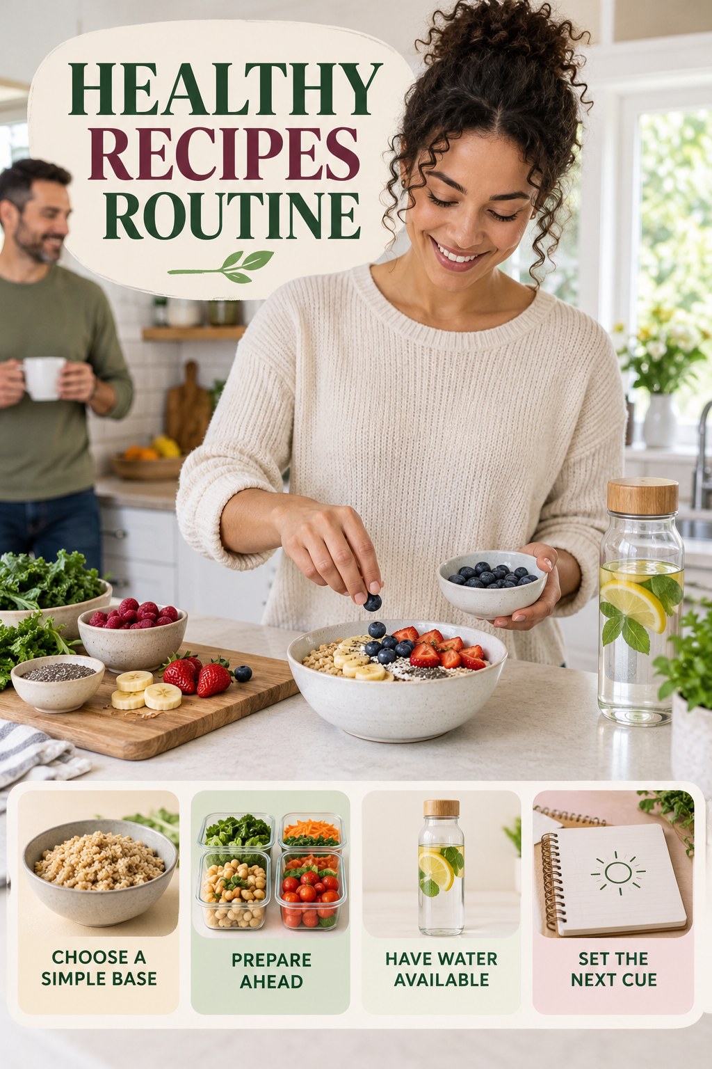Morning Meal Wellness Routine for Healthy Recipes with four readable routine cues and a realistic board-relevant wellness scene.