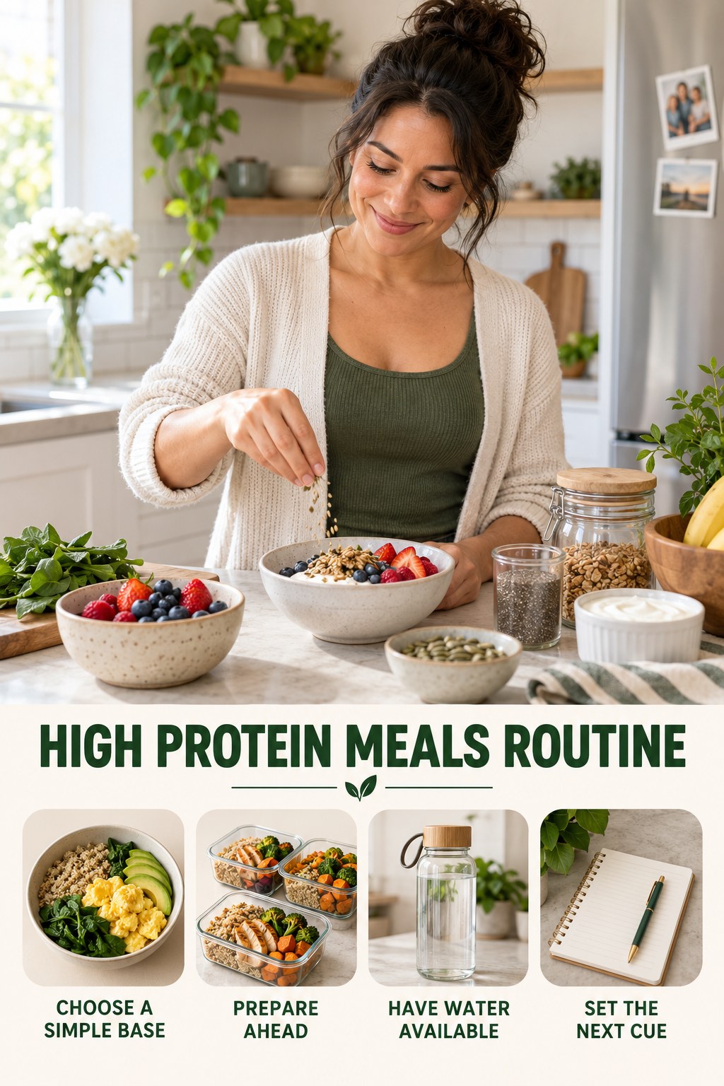Morning Meal Wellness Routine for High Protein Meals with four readable routine cues and a realistic board-relevant wellness scene.