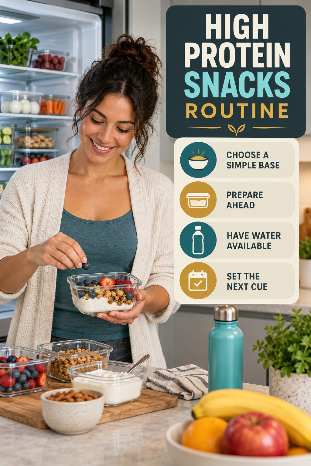 Morning Meal Wellness Routine for High Protein Snacks with four readable routine cues and a realistic board-relevant wellness scene.