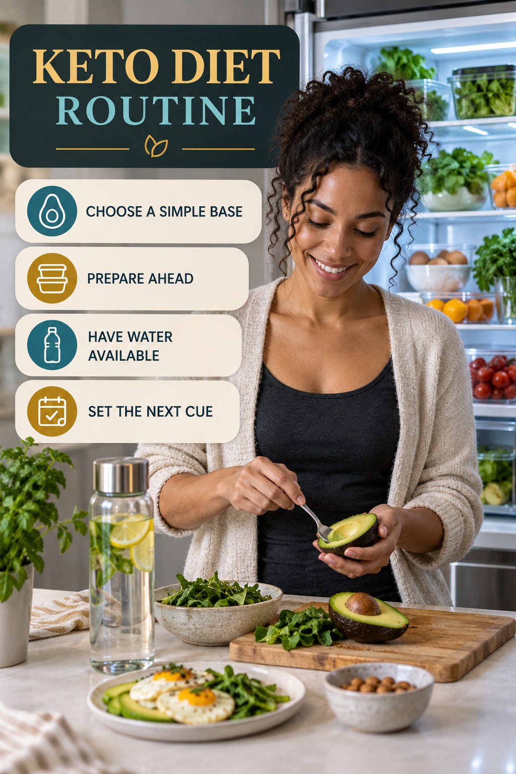 Morning Meal Wellness Routine for Keto Diet with four readable routine cues and a realistic board-relevant wellness scene.