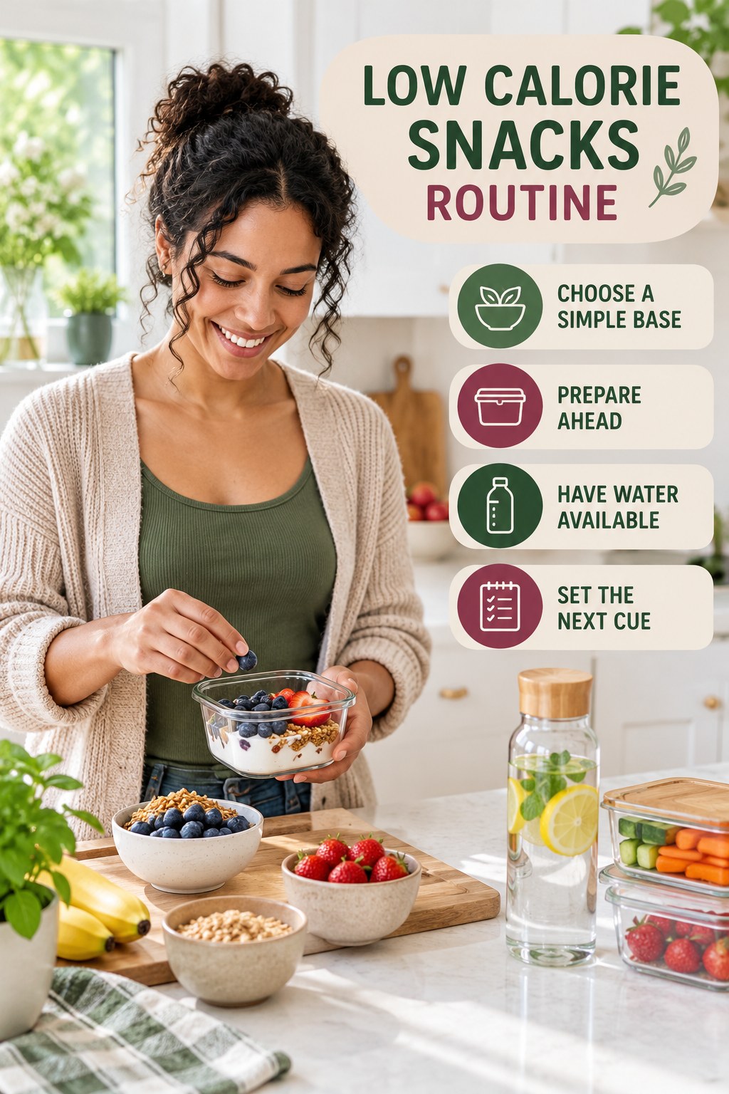 Morning Meal Wellness Routine for Low Calorie Snacks with four readable routine cues and a realistic board-relevant wellness scene.