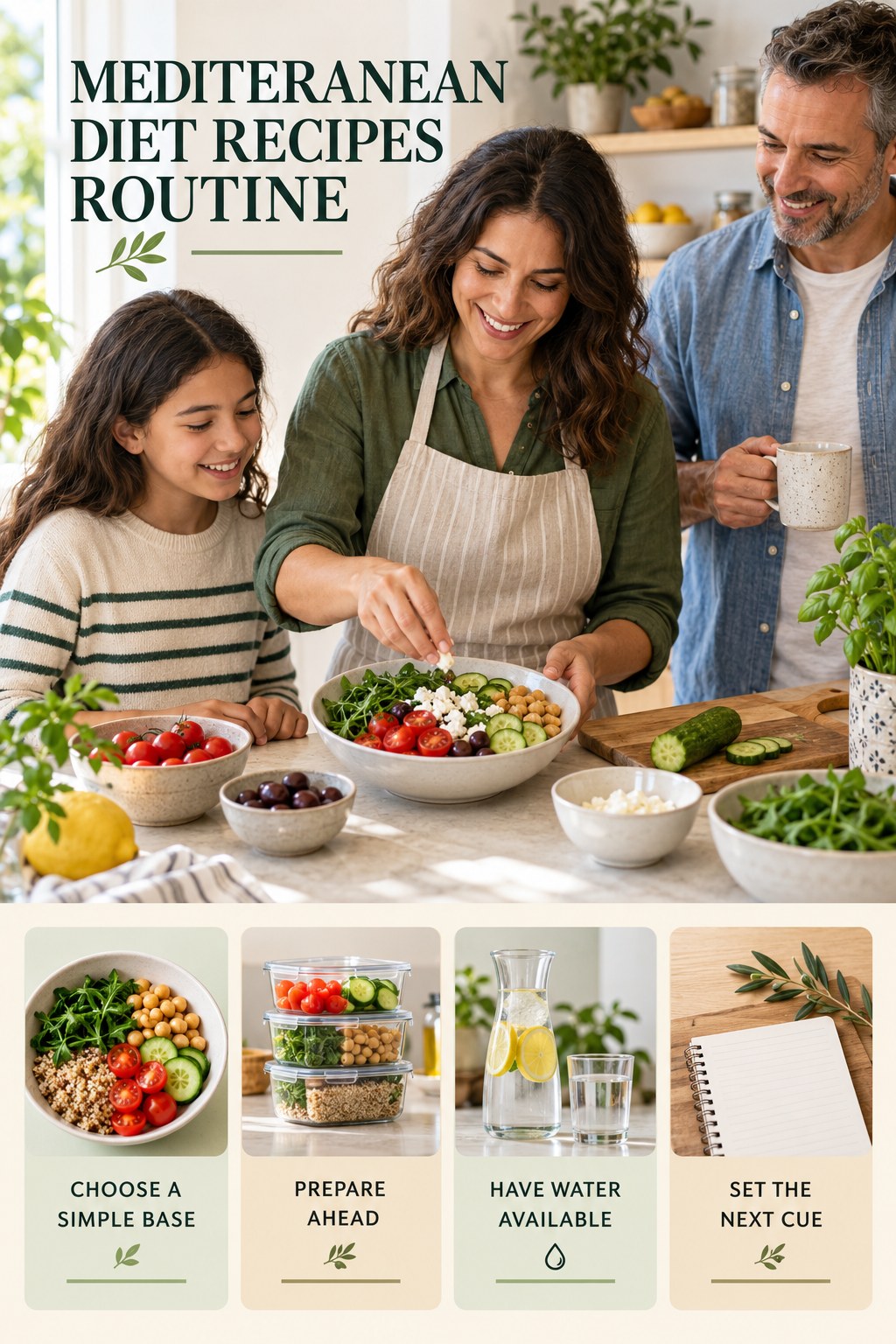 Morning Meal Wellness Routine for Mediterranean Diet Recipes with four readable routine cues and a realistic board-relevant wellness scene.