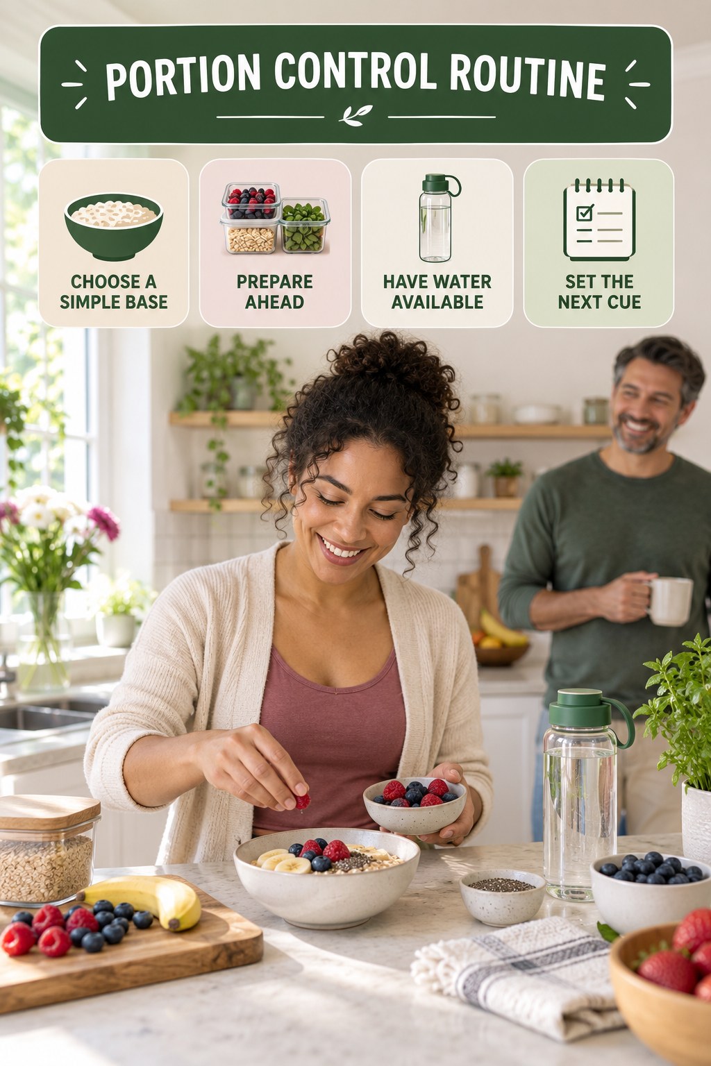 Morning Meal Wellness Routine for Portion Control with four readable routine cues and a realistic board-relevant wellness scene.