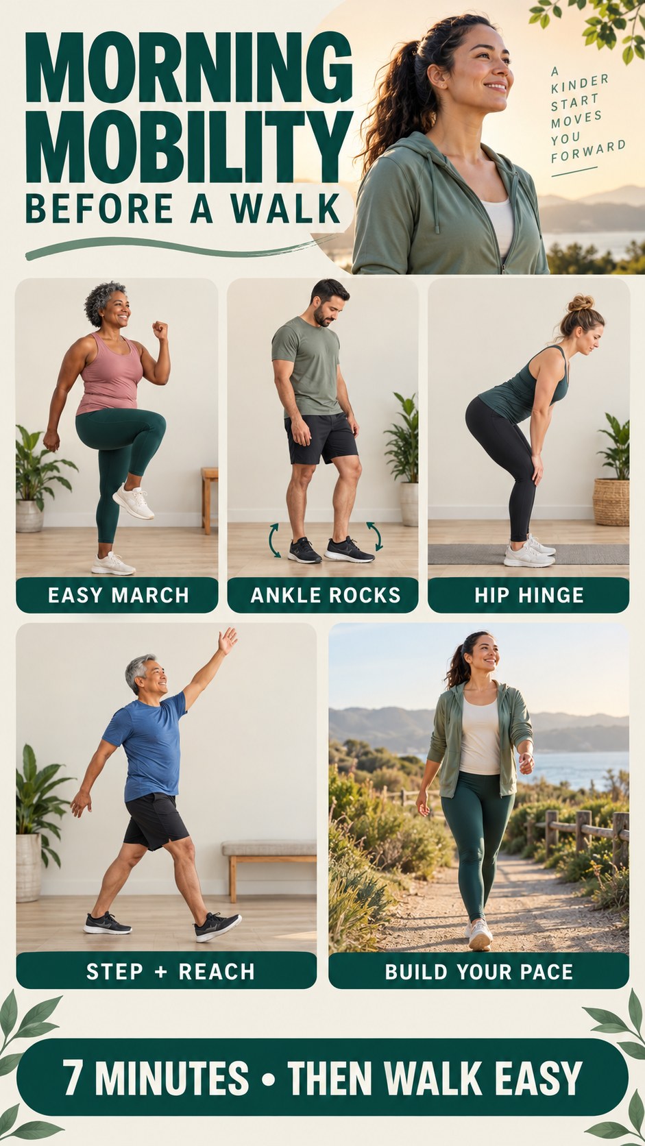 Vertical infographic showing a gentle seven-minute morning mobility routine before an easy walk