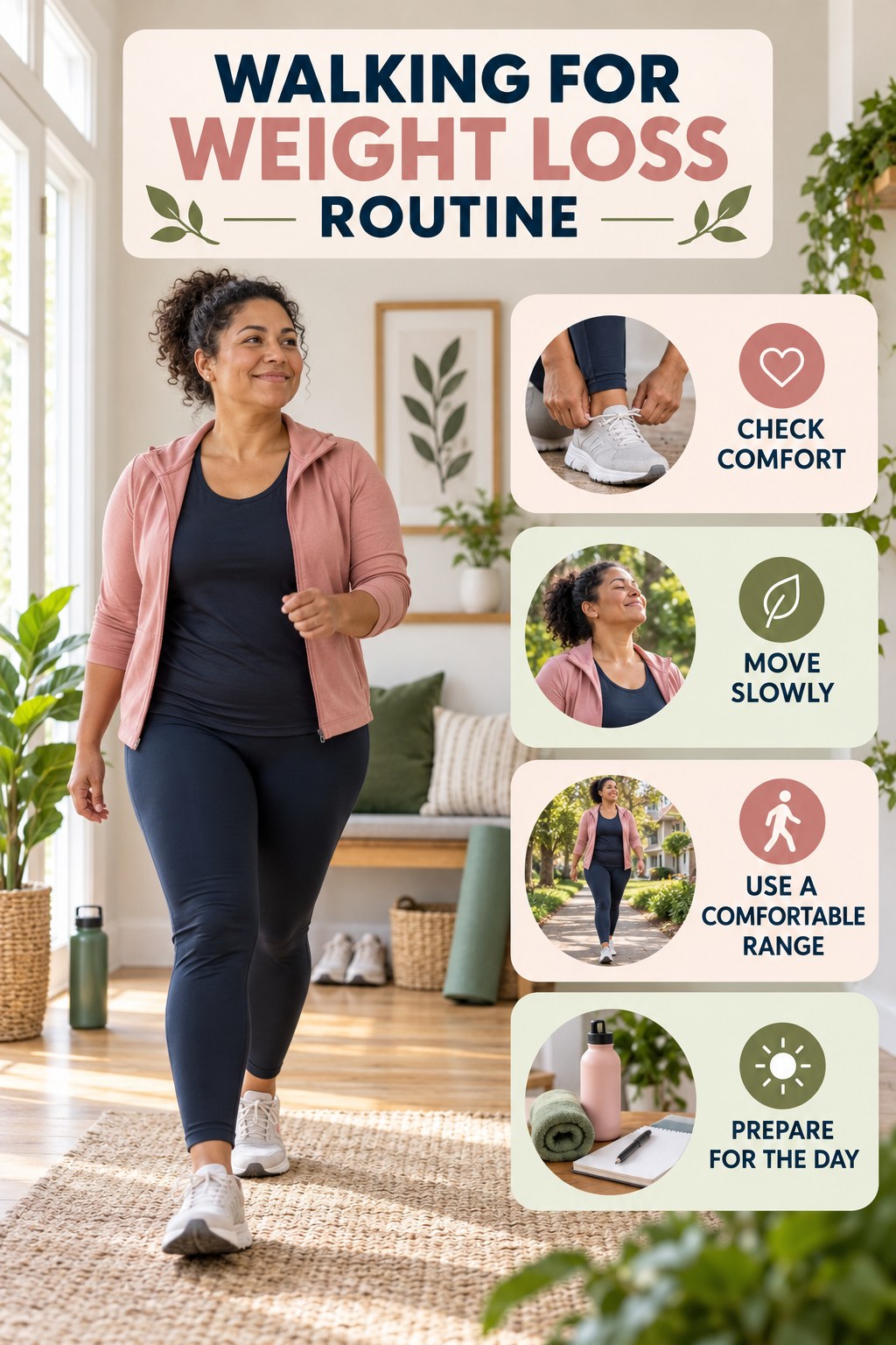 Morning Mobility Wellness Routine for Walking for Weight Loss with four readable routine cues and a realistic board-relevant wellness scene.