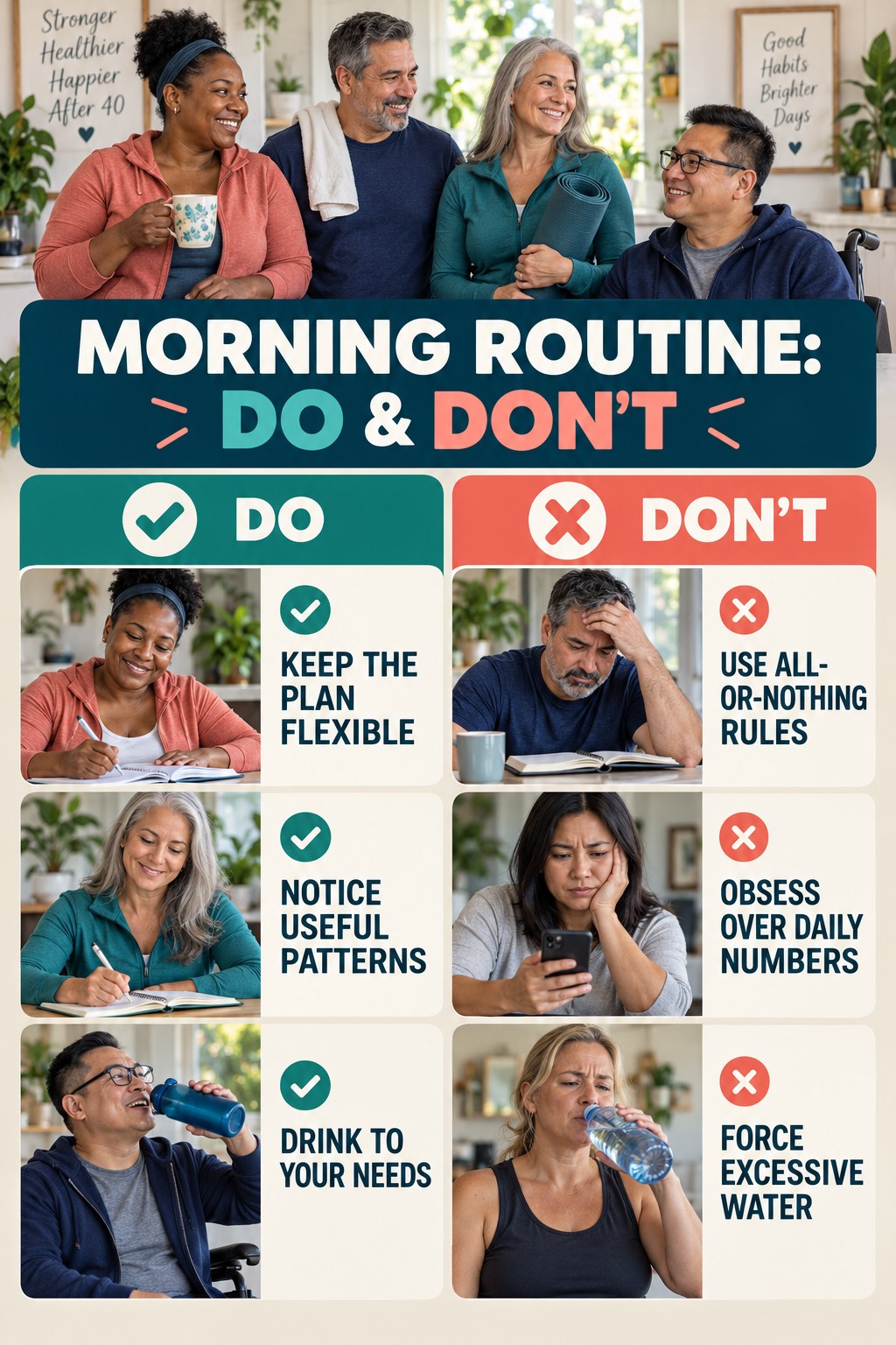Weight Loss After 40 Do and Don’t comparison graphic showing three practical behavior pairs for morning routine.