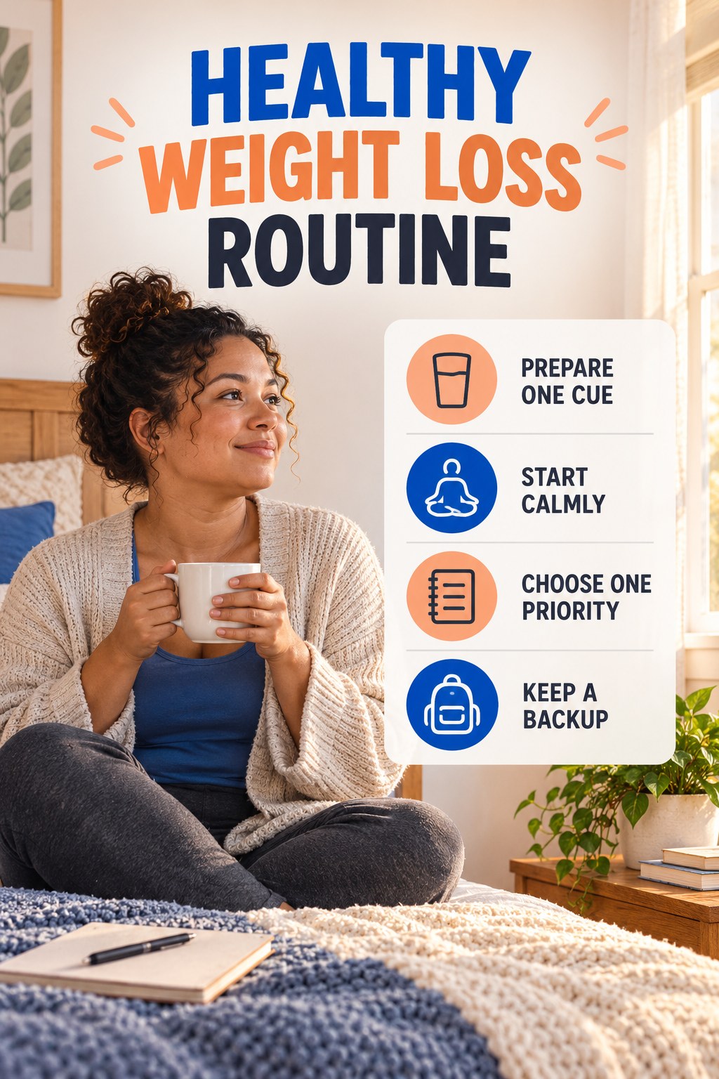 Morning Wellness Routine for Healthy Weight Loss with four readable routine cues and a realistic board-relevant wellness scene.