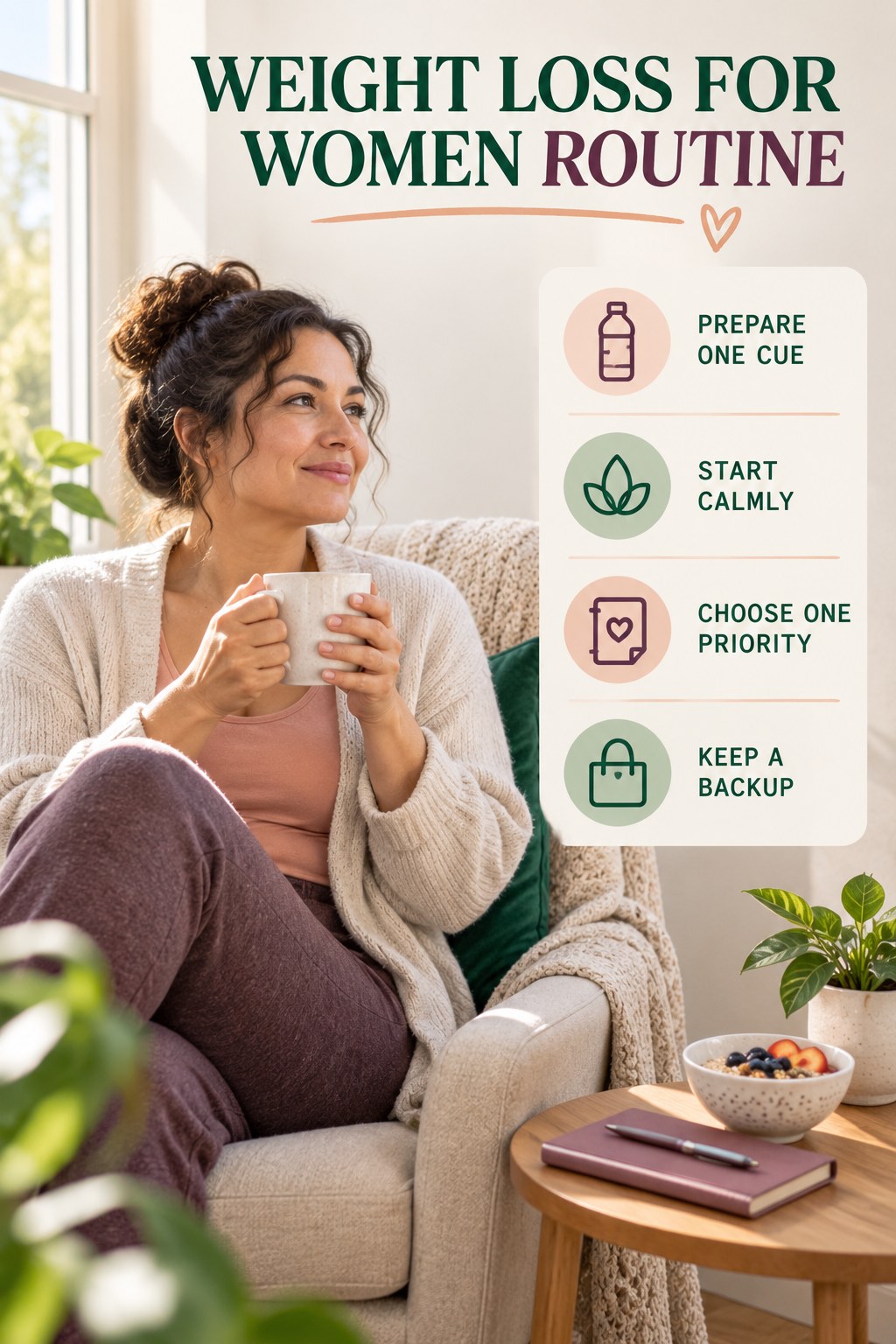 Morning Wellness Routine for Weight Loss for Women with four readable routine cues and a realistic board-relevant wellness scene.