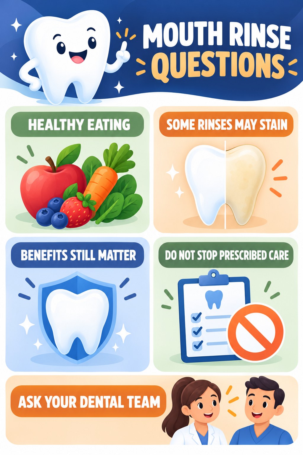 Mouth-Rinse Stain Context infographic for Healthy Eating with four concise tooth-discoloration safety points.