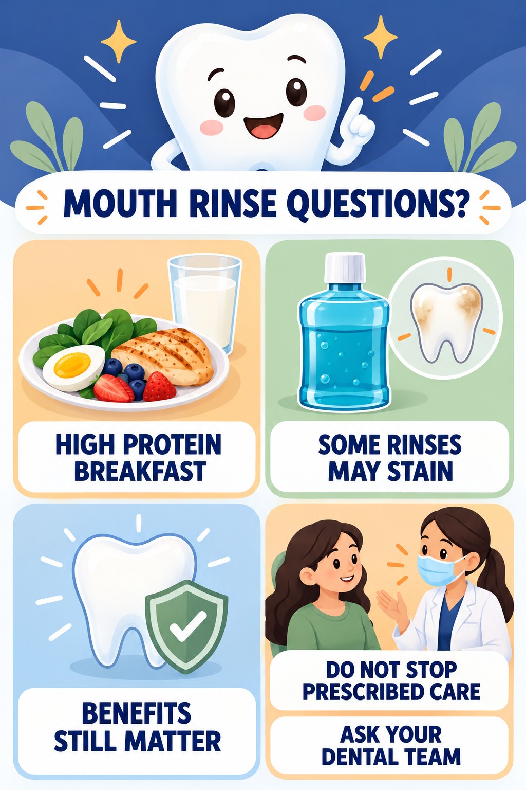 Mouth-Rinse Stain Context infographic for High Protein Breakfast with four concise tooth-discoloration safety points.