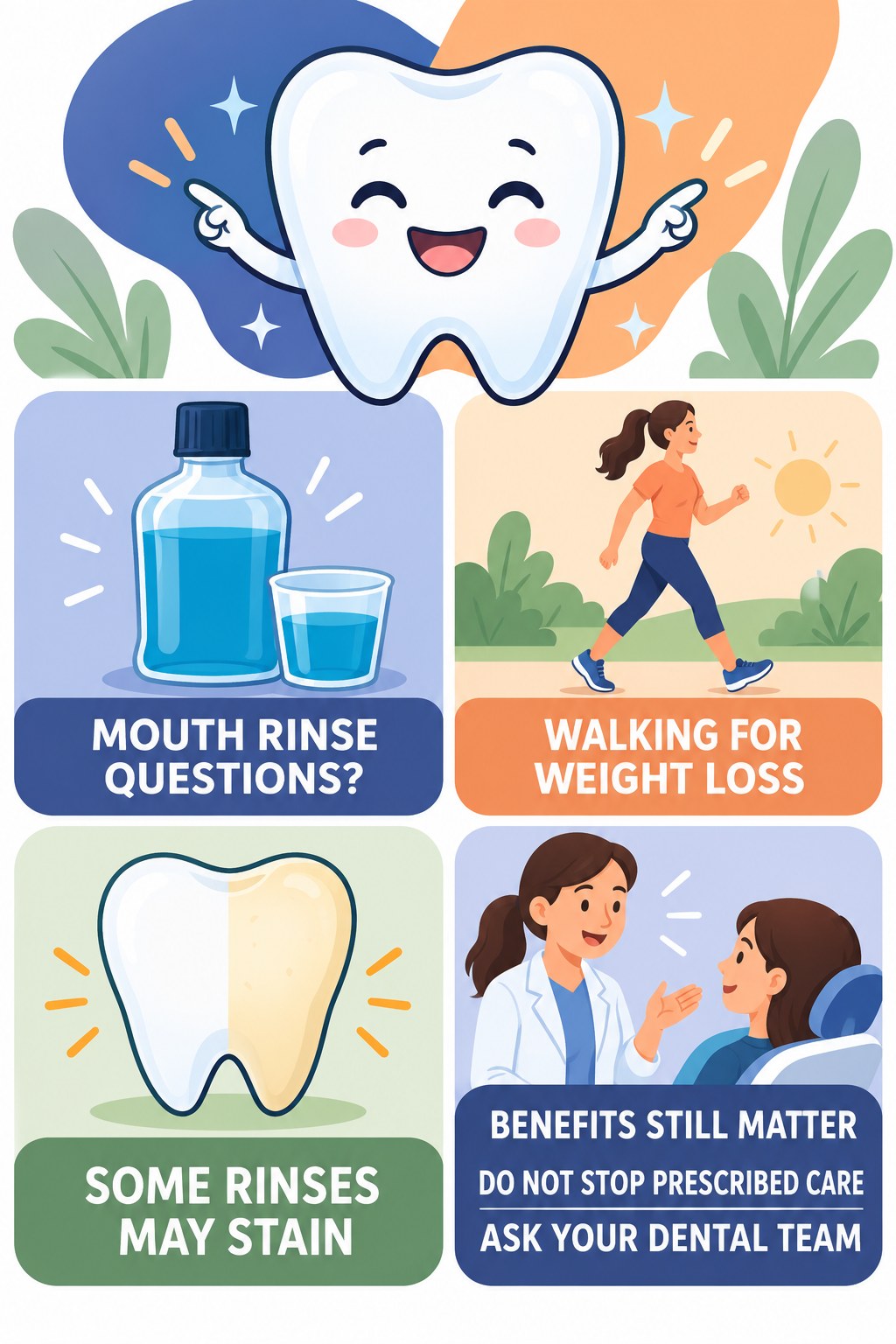 Mouth-Rinse Stain Context infographic for Walking for Weight Loss with four concise tooth-discoloration safety points.