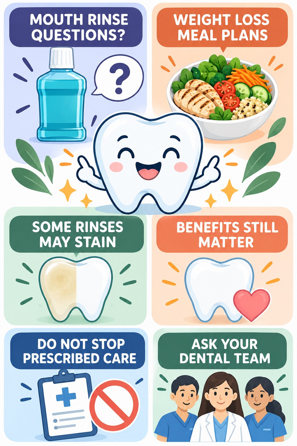 Mouth-Rinse Stain Context infographic for Weight Loss Meal Plans with four concise tooth-discoloration safety points.