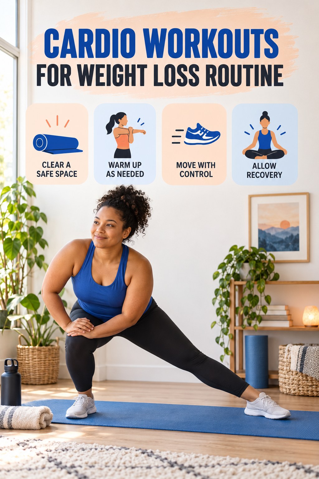 Movement and Recovery Routine for Cardio Workouts for Weight Loss with four readable routine cues and a realistic board-relevant wellness scene.