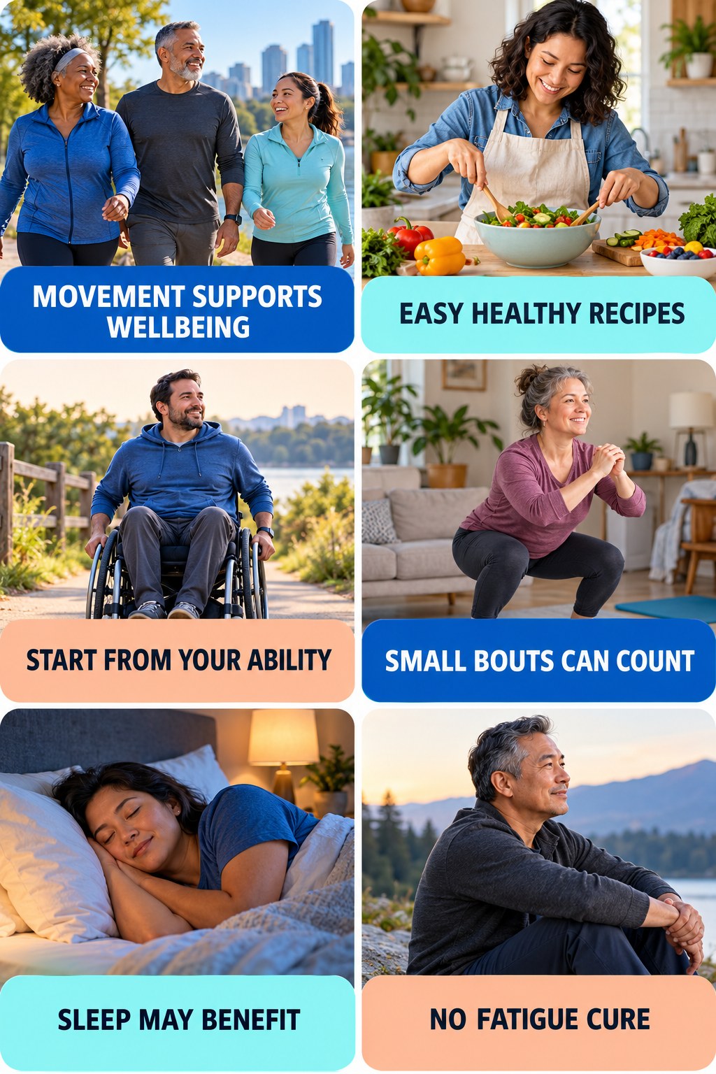 Movement Can Support Mood and Sleep natural-energy and hormone-health-literacy infographic for Easy Healthy Recipes with four practical checks.