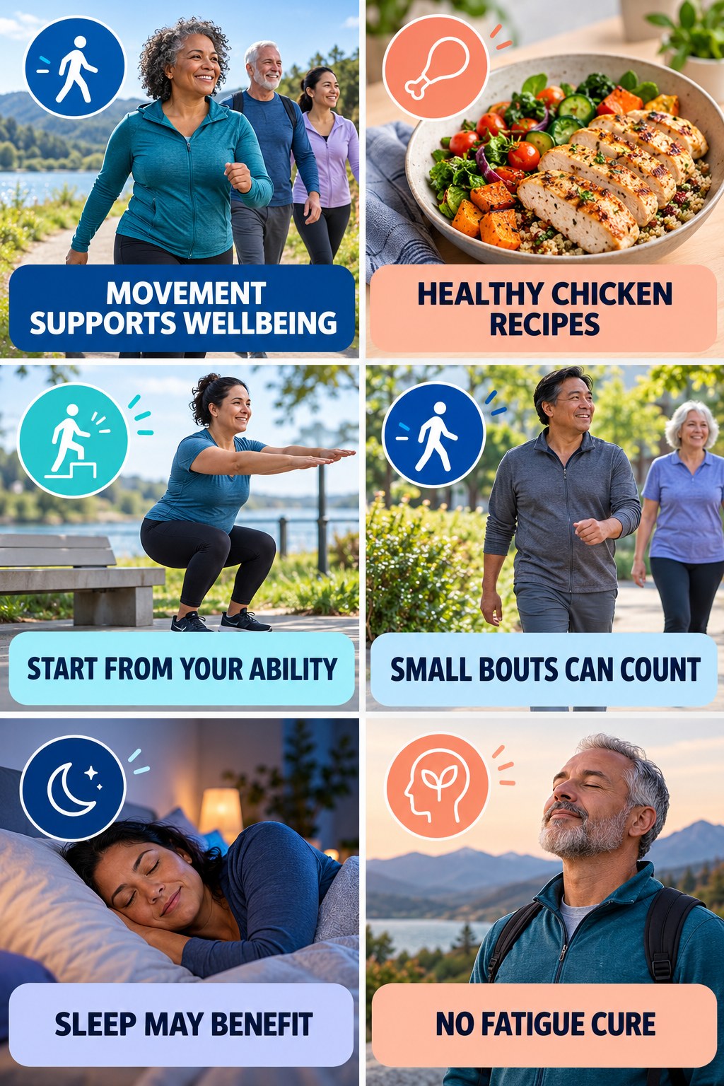 Movement Can Support Mood and Sleep natural-energy and hormone-health-literacy infographic for Healthy Chicken Recipes with four practical checks.