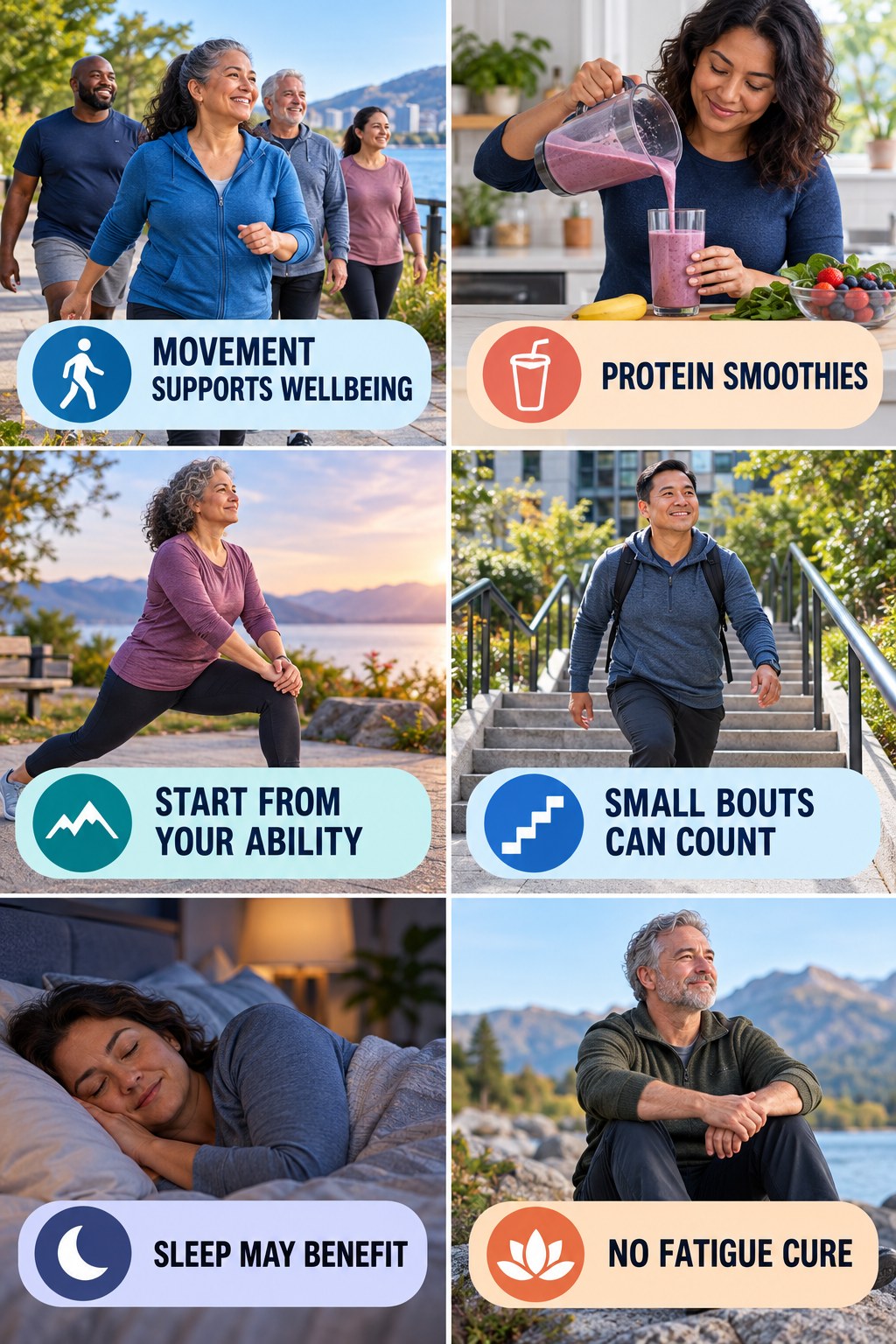 Movement Can Support Mood and Sleep natural-energy and hormone-health-literacy infographic for Protein Smoothies with four practical checks.