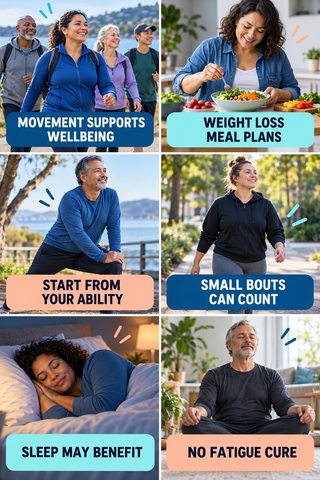 Movement Can Support Mood and Sleep natural-energy and hormone-health-literacy infographic for Weight Loss Meal Plans with four practical checks.