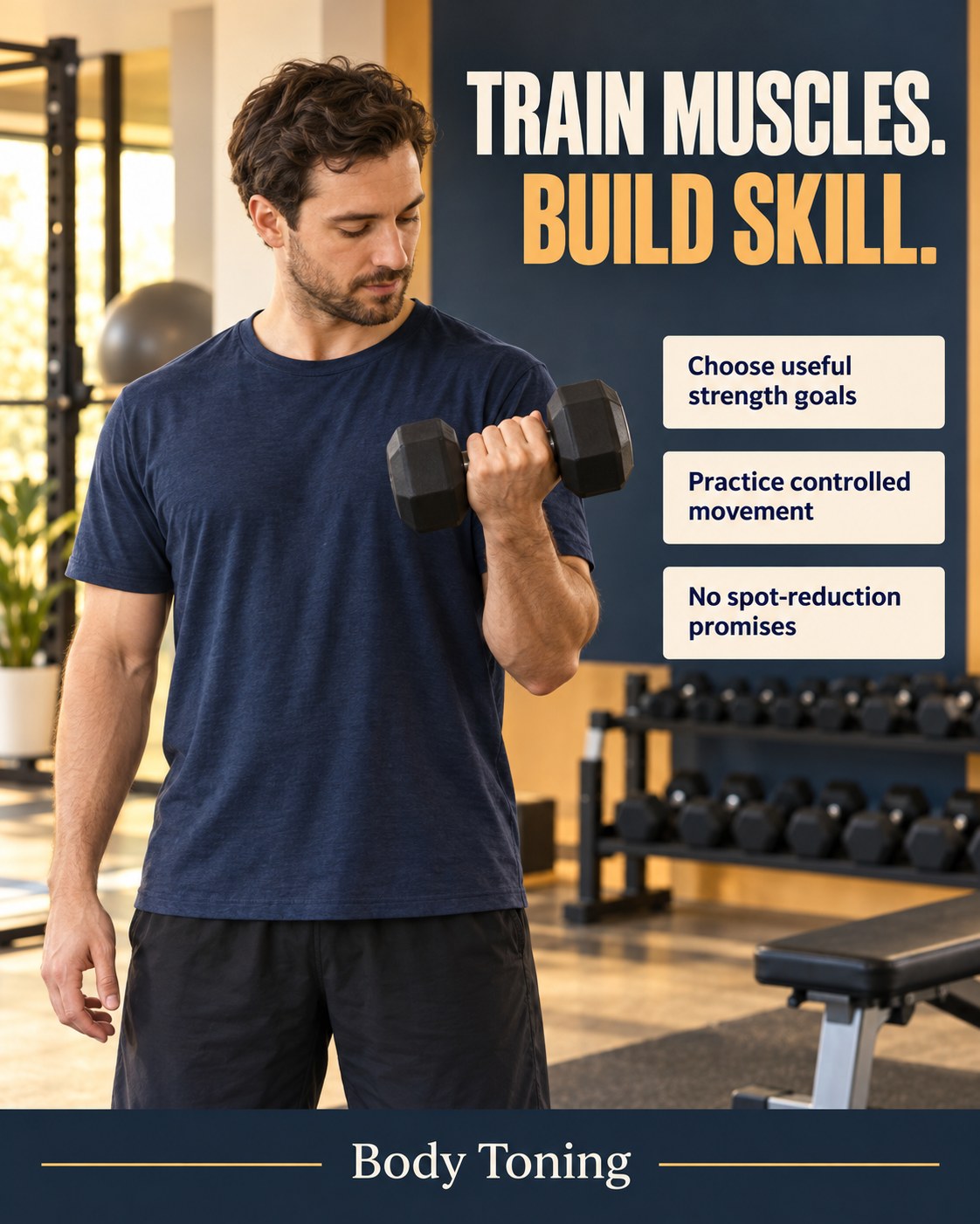 An adult performing a controlled light dumbbell curl with a headline about strength rather than spot reduction.