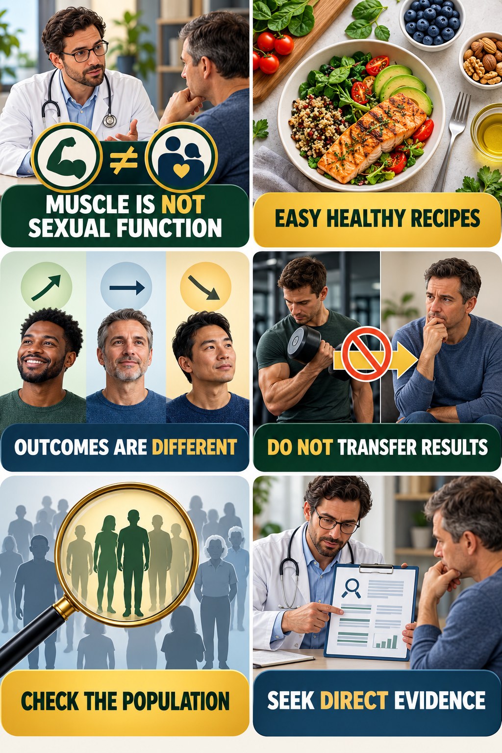 Muscle Support Is Not Sexual Function Evidence evidence-literacy infographic for Easy Healthy Recipes with four concise claim-evaluation checks.