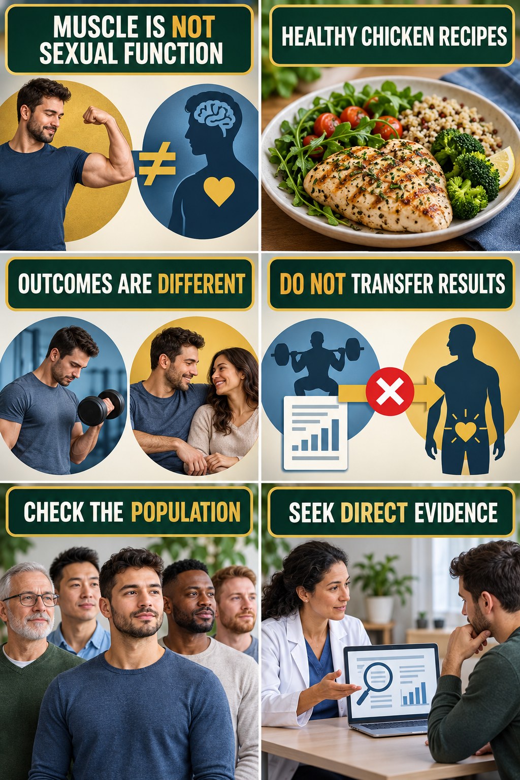 Muscle Support Is Not Sexual Function Evidence evidence-literacy infographic for Healthy Chicken Recipes with four concise claim-evaluation checks.